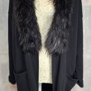 Saks Fifth Avenue Elegant Black Sweater with Faux Fur Collar.  36" L